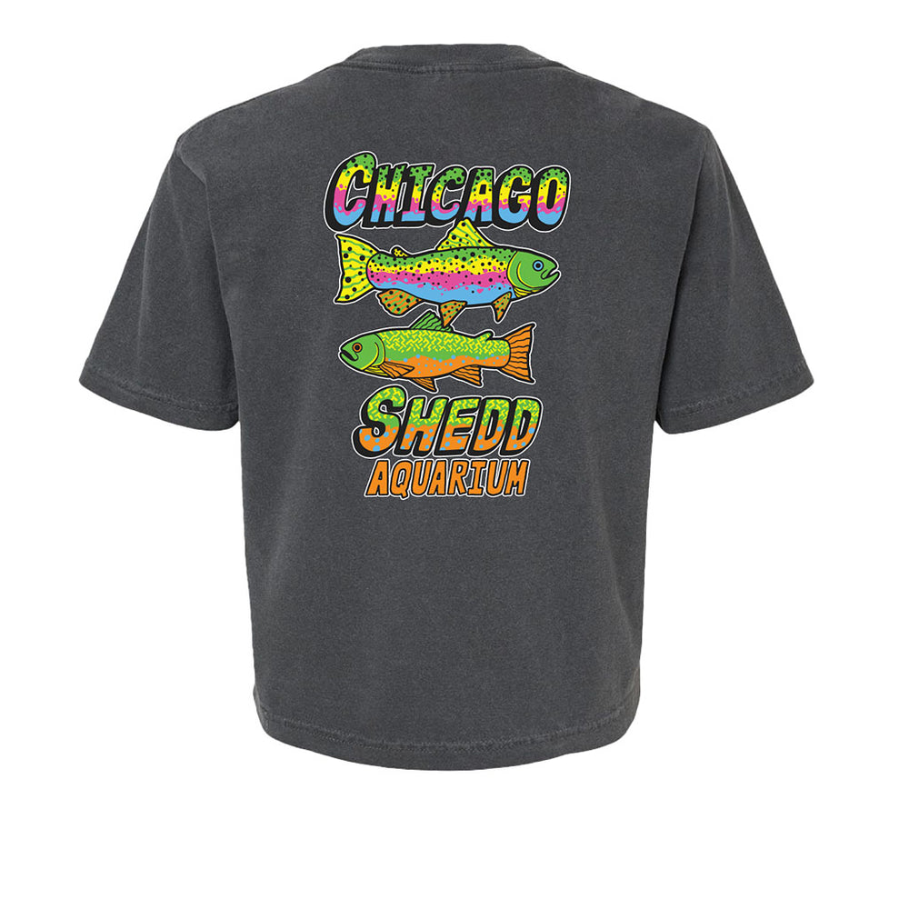 The Shedd Aquarium Fish Women's Crop T-Shirt is a dark gray top featuring colorful, cartoon-style Lake Michigan fish and vibrant "Chicago Shedd Aquarium" text on the back.