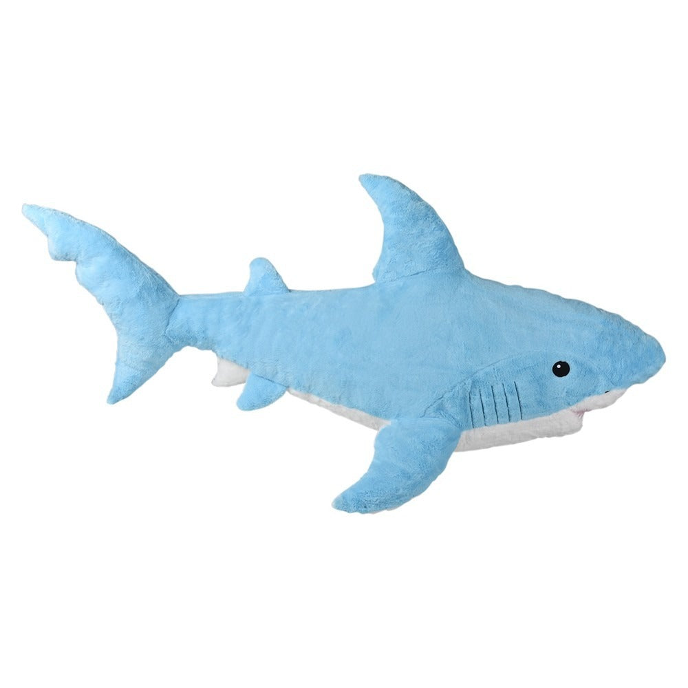 Embark on an oceanic adventure with the Giant Blue Shark Plush, a light blue plush featuring a white underside, small fins, and a friendly smiling face.