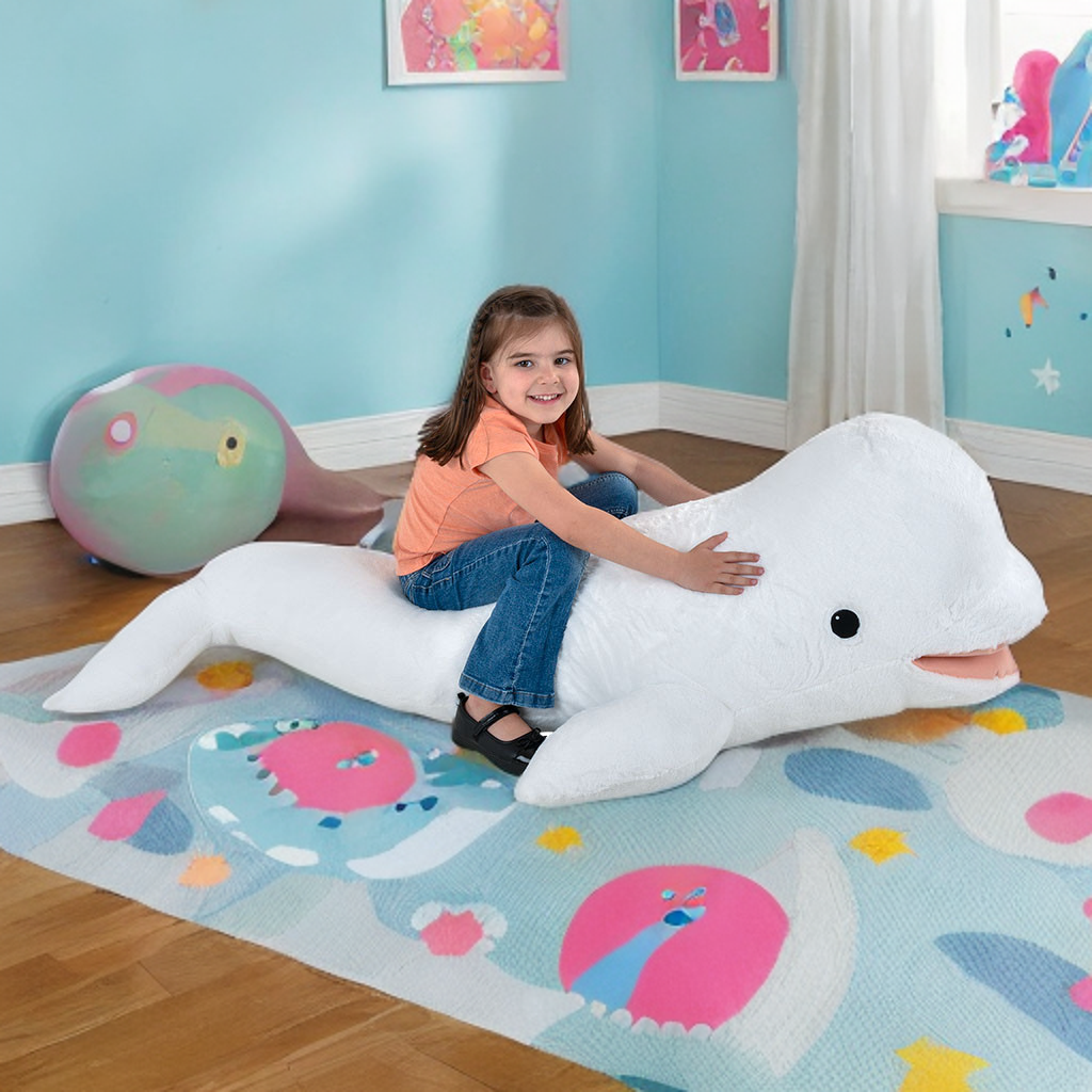 Child sitting on a large plush whale toy in a room with a colorful rug.