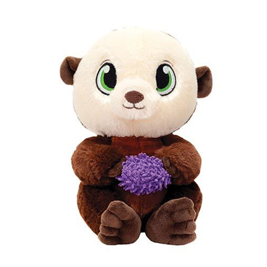 The Swaddle Babies Sea Otter Plush features big green eyes, a cream face, and brown fur. Sitting upright with a purple fuzzy ball in its paws, this adorable baby plush is perfect for snuggles.