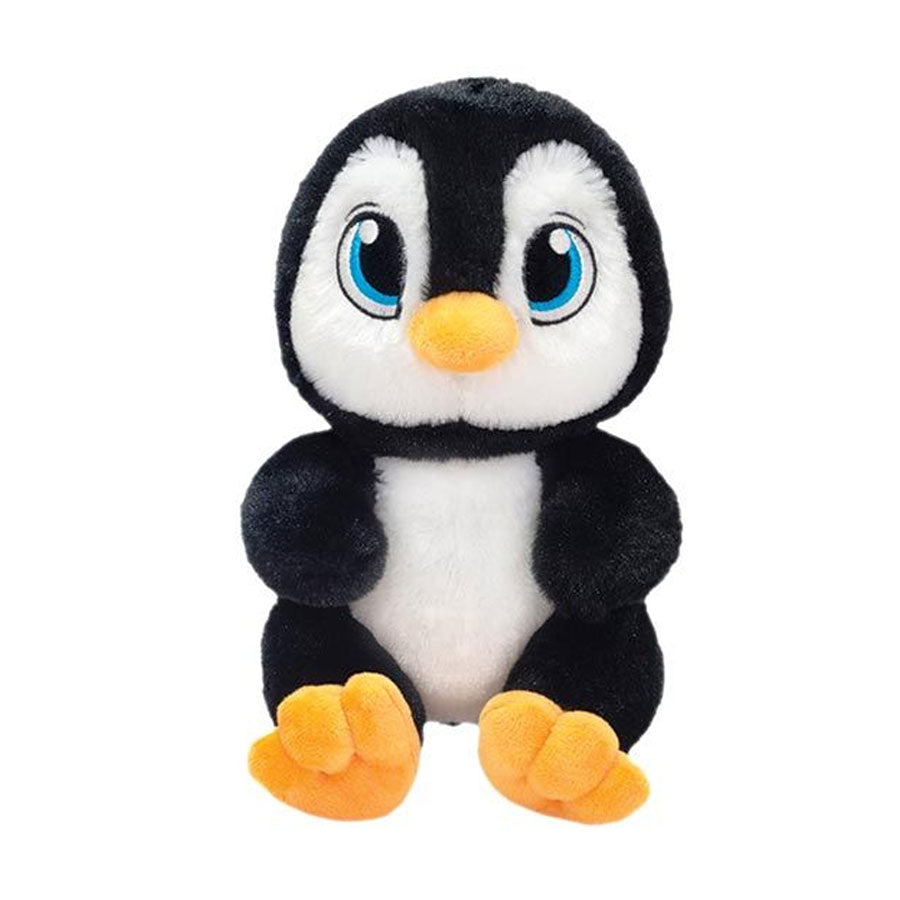 A Swaddle Babies Penguin Plush with black and white fur, big blue eyes, orange beak, and feet sits upright on a white background, looking just like a cuddly baby penguin wrapped in a soft swaddle blanket.