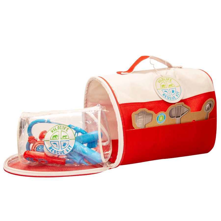 The Wildlife Rescue Kit is a red and white toy medical bag with a clear pouch showing blue and red toy instruments—ideal for treating plush animals in need of care.